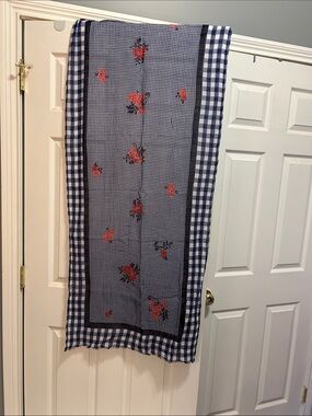 Talbots Gingham Border Scarf with Red Floral Accents